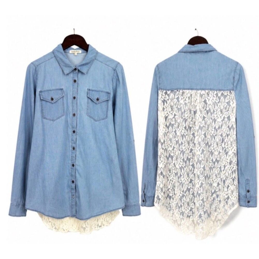 Wishful Park Size L Blue Chambray Button Up Blouse Lace Roll Tab‎ Sleeve Top U3